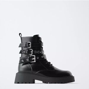 New Zara Kids Black Leather Ankle Moto Boots with Buckle Straps, Size 31/US 13.5